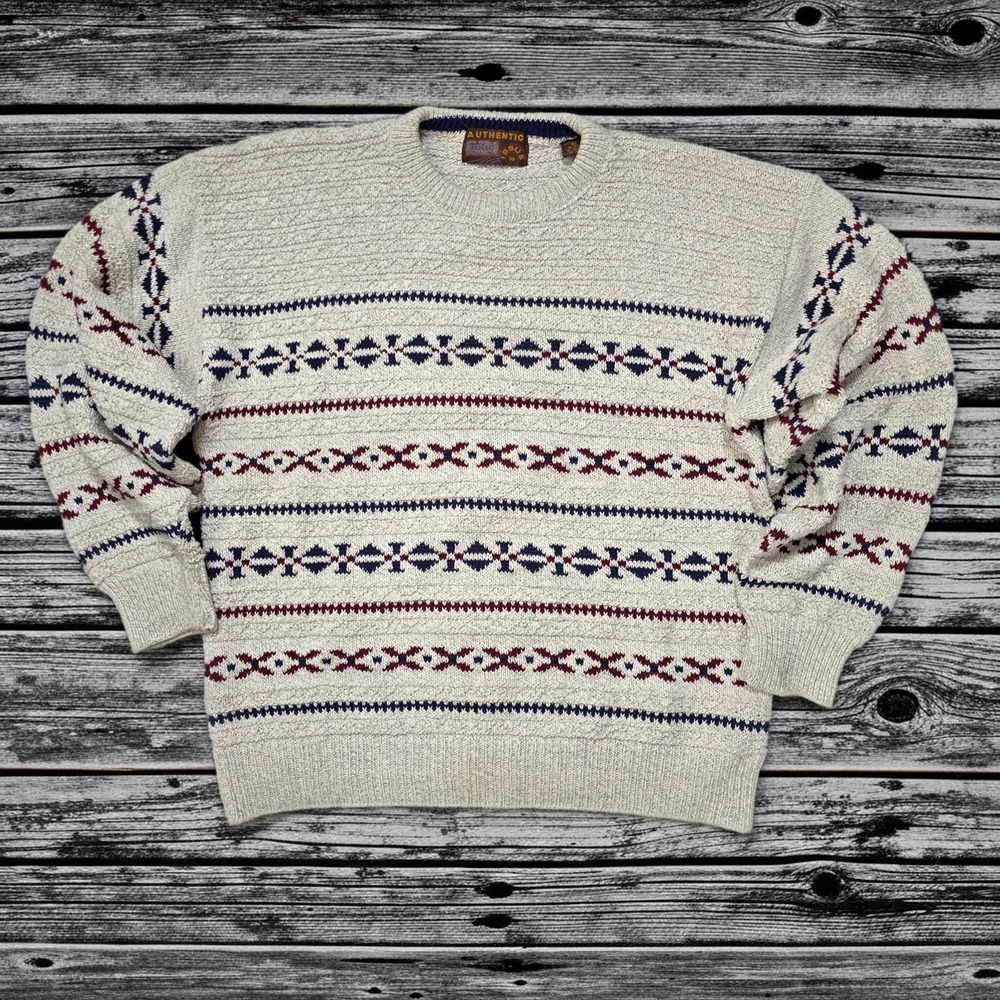 Authentic‎ Issue 90 Vintage Mens Large Cotton Knit Fair Isle Sweater Made in USA